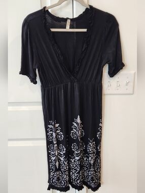 Black Midi Dress with Cream Floral Hem - Women's V-Neck